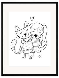 Gerahmter Kunstdruck Katze und Hund Lineart