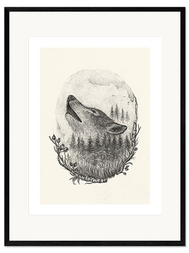 Impresión de arte enmarcada Lobo y luna
