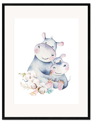 Impression artistique encadrée Maman hippopotame