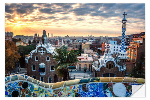 Selvklæbende plakat Barcelona, Park Güell ved solopgang