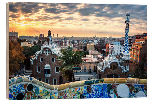 Wood print Barcelona, Park Guell at sunrise