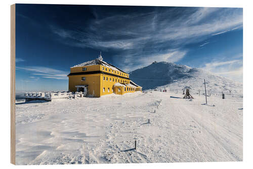 Wood print Schneekoppe and Schlesierhaus, Giant Mountains