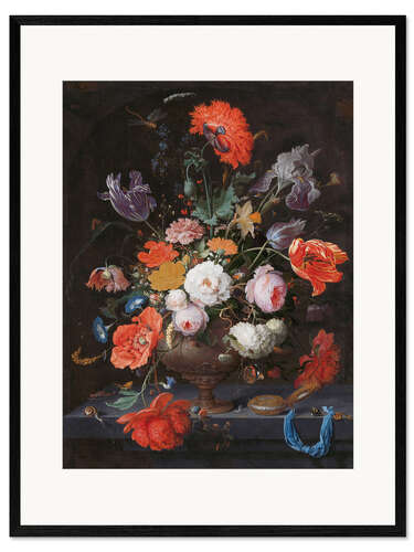 Ingelijste kunstdruk Still life with flowers and a clock