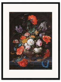 Impression artistique encadrée Nature morte avec des fleurs et une horloge