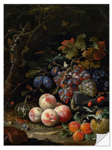 Selvklebende plakat Still life with fruits, leaves and insects