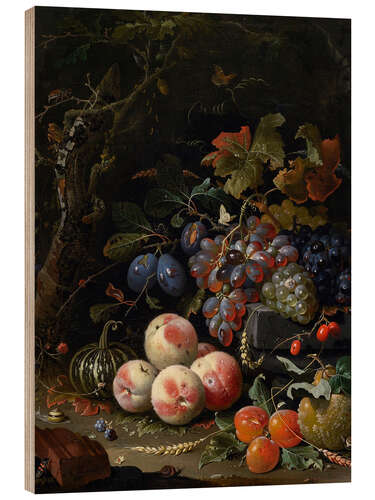 Trätavla Still life with fruits, leaves and insects