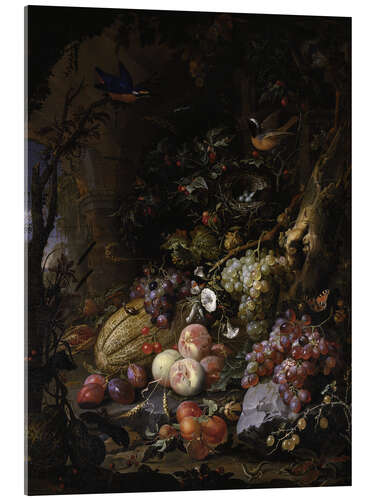 Acrylic print Flowers, fruits, birds and insects in a landscape with ruins