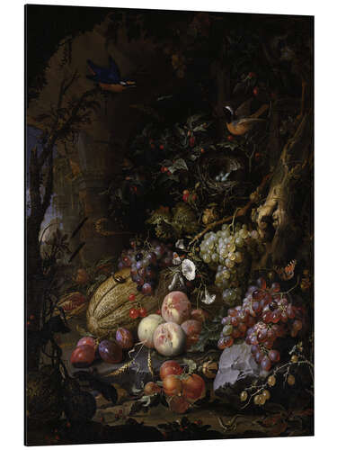 Tableau en aluminium Fleurs, fruits, oiseaux et insectes dans un paysage en ruines