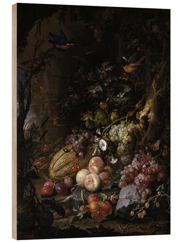 Wood print Flowers, fruits, birds and insects in a landscape with ruins