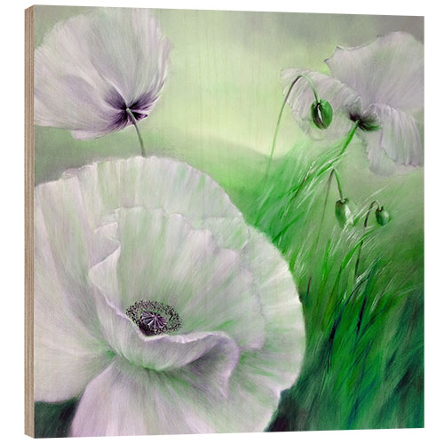 Wood print White poppy flowers on green