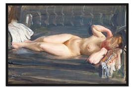 Gerahmter Kunstdruck Auf der blaugrauen Ledercouch