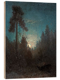 Wood print Tall pine trees and rising moon