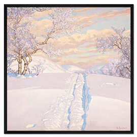 Gerahmter Kunstdruck Winterlandschaft mit Skispuren