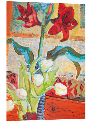 Acrylic print Red amaryllis and white tulips