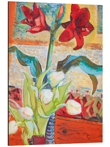 Aluminium print Red amaryllis and white tulips