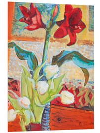 Foam board print Red amaryllis and white tulips