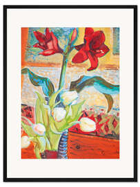 Gerahmter Kunstdruck Rote Amaryllis und weiße Tulpen