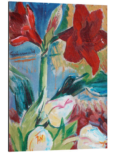 Tableau en aluminium Nature morte avec tulipes et amaryllis belladonne rouge