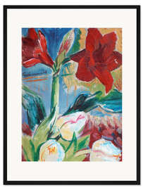 Gerahmter Kunstdruck Stillleben mit Tulpen und roter Belladonna-Lilie