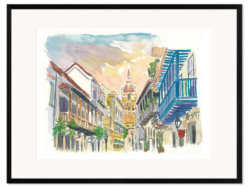 Ingelijste kunstdruk Street scene in Cartagena, Colombia