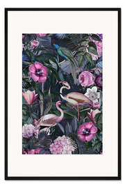 Gerahmter Kunstdruck Flamingos im dunklen Dschungel