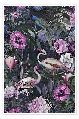 Poster Flamingos im dunklen Dschungel
