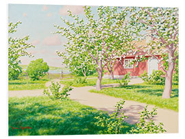 Foam board print Blossoming apple tree with red hut