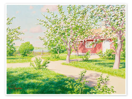 Poster Blühender Apfelbaum mit roter Hütte
