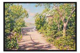 Gerahmter Kunstdruck Mädchen und Hühner vor einem blühenden Flieder