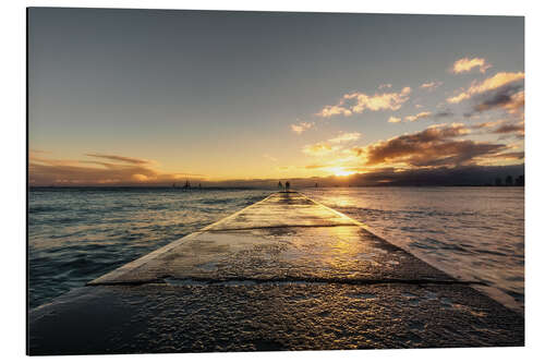 Print på aluminium Jetty by the ocean at sunset, Hawaii