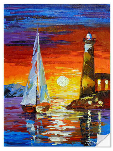 Självhäftande poster Sailboat and lighthouse