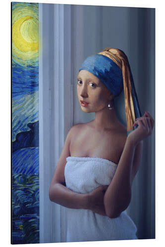 Aluminiumtavla Girl with pearl earring on starry night