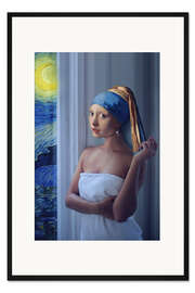 Gerahmter Kunstdruck Mädchen mit Perlenohrring bei Sternennacht