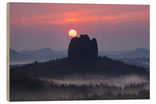 Holzbild Sonnenuntergang über dem Falkenstein, Sächsische Schweiz