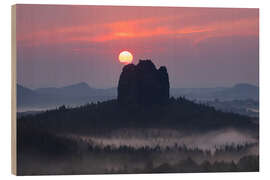 Holzbild Sonnenuntergang über dem Falkenstein, Sächsische Schweiz