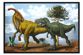 Gerahmter Kunstdruck Parasaurolophus versus Gorgosaurus