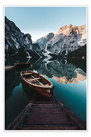 Poster Braies lake with boat in the Dolomites