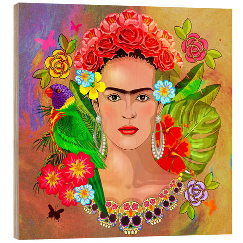 Trätavla Frida Kahlo blommacollage