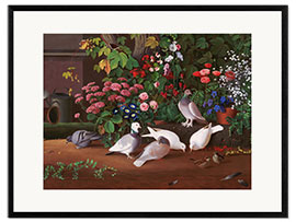 Impression artistique encadrée Fleurs et oiseaux dans un coin du jardin