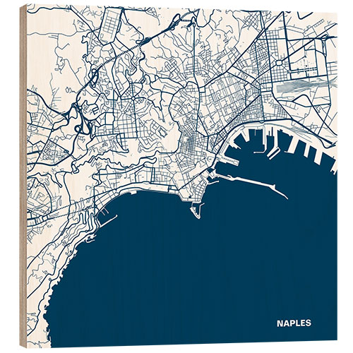 Wood print City map of Naples, blue