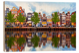 Stampa su legno Belle case sul canale a Amsterdam, Olanda