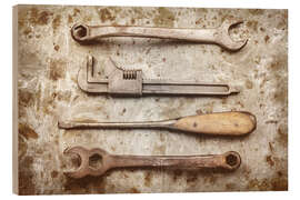 Wood print Old wrench and screwdriver