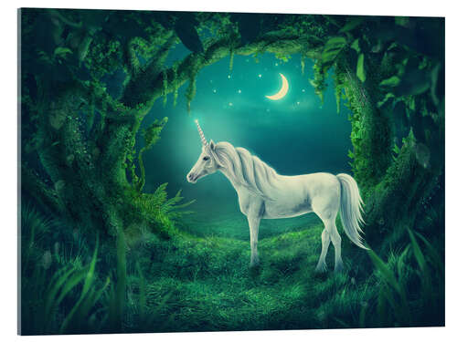 Akrylbilde White unicorn in the forest