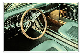 Plakat Wooden steering wheel in a vintage American convertible