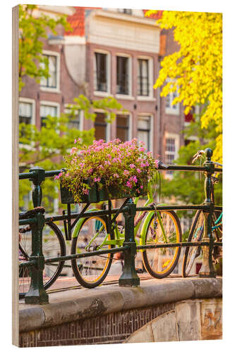 Wood print Bicycles on a sunny canal bridge in Amsterdam