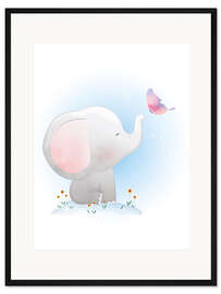 Gerahmter Kunstdruck Elefant und Schmetterling