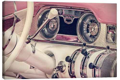 Leinwandbild Armaturenbrett eines rosa amerikanischen Oldtimers