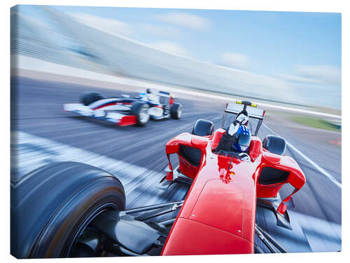 Canvas print Formula 1 racing car crosses finish line on sports track