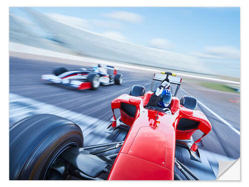 Selvklebende plakat Formula 1 racing car crosses finish line on sports track