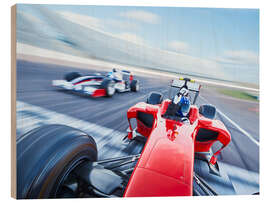 Hout print Formula 1 racing car crosses finish line on sports track